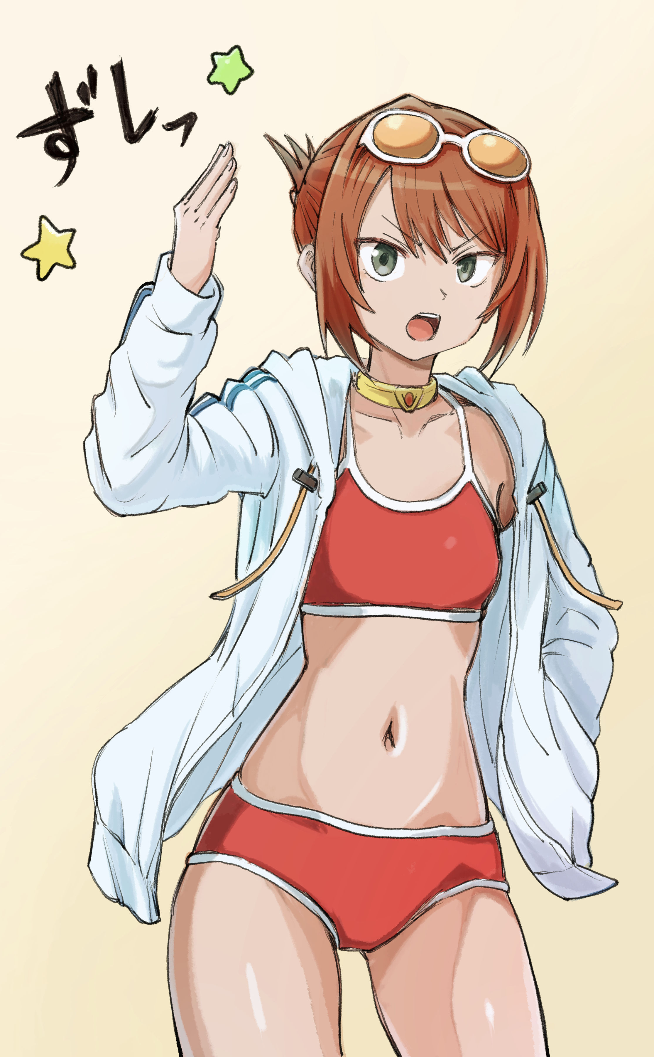 nemimin, rita mordio, tales of (series), tales of vesperia, absurdres, highres, 1girl, arms up, bikini, bikini under clothes, breasts, brown hair, collar, cropped legs, eyewear on head, green eyes, hand in pocket, jacket, looking at viewer, navel, open clothes, open jacket, open mouth, ponytail, red bikini, short hair, simple background, small breasts, solo, sunglasses, swimsuit, teeth, upper teeth only