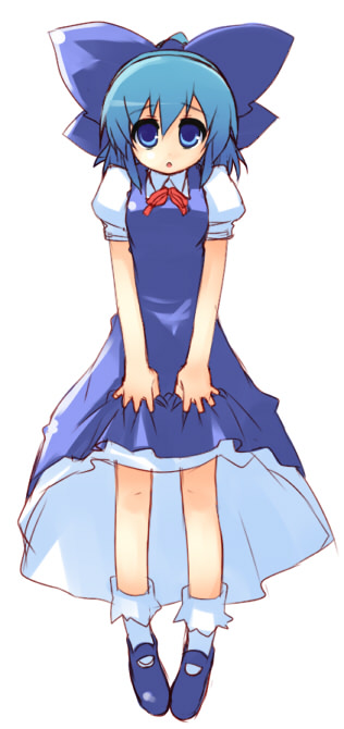 shin (new), cirno, embodiment of scarlet devil, touhou, 1girl, blue eyes, blue hair, dress, female focus, full body, matching hair/eyes, ribbon, short hair, simple background, skirt hold, socks, solo, white background, white socks