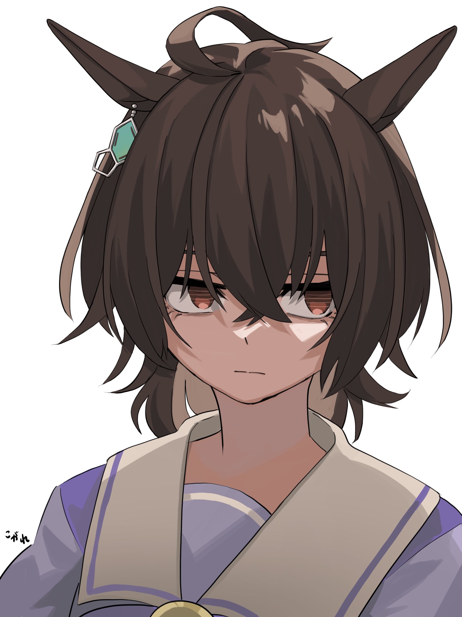 kogeta kaori, agnes tachyon (umamusume), umamusume, highres, 1girl, ahoge, animal ears, bow, brown eyes, brown hair, closed mouth, hair between eyes, horse ears, looking to the side, puffy sleeves, purple bow, purple shirt, school uniform, shirt, simple background, solo, tracen school uniform, upper body, white background