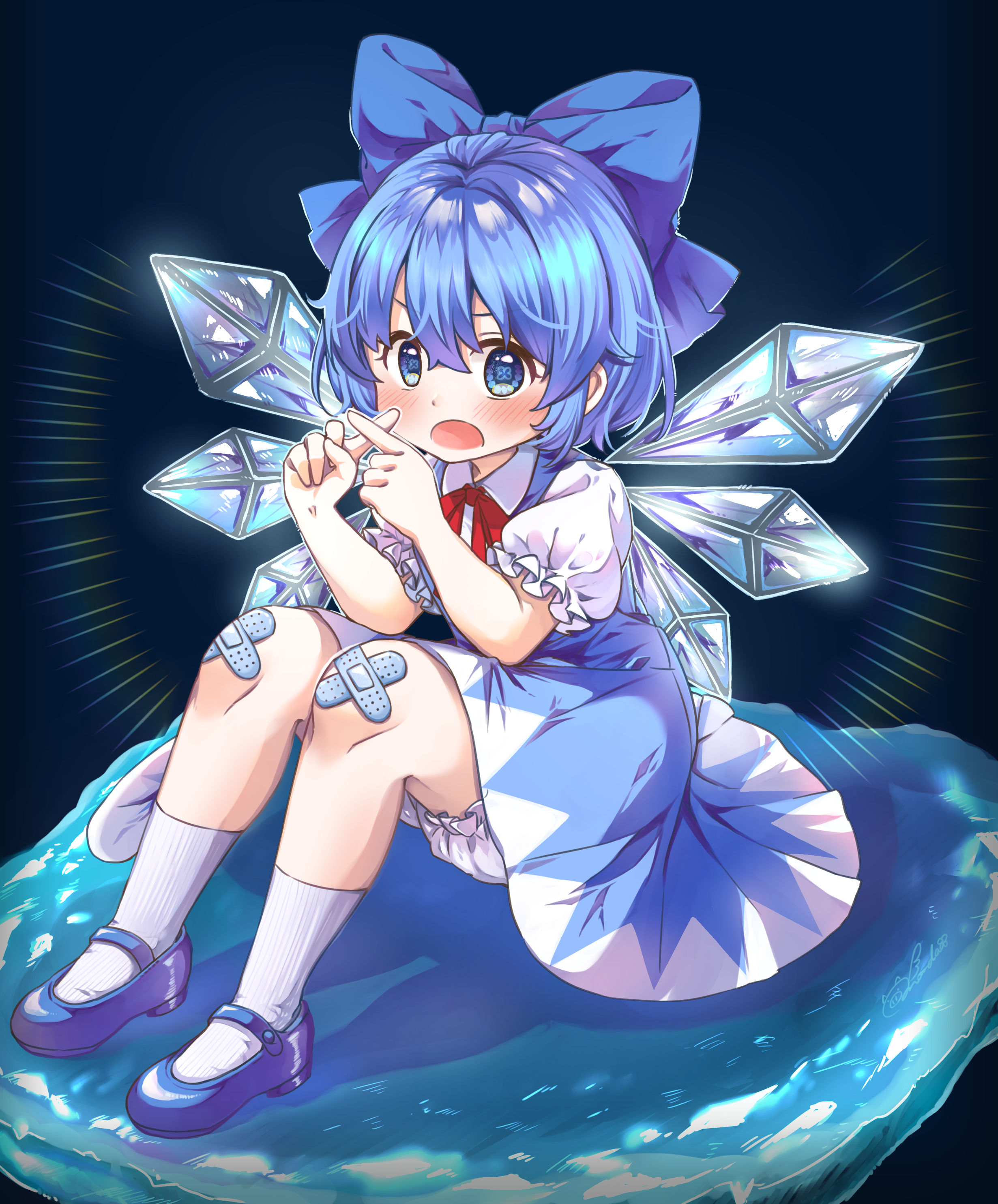 motchida, cirno, touhou, absurdres, commentary request, highres, 1girl, :o, bandaid, bandaid on knee, bandaid on leg, bare arms, bloomers, blue bow, blue dress, blue eyes, blue hair, blue shoes, blush, bow, collared shirt, crossed bandaids, detached wings, dress, fairy, frilled sleeves, frills, full body, hair bow, ice, ice wings, knees up, looking at viewer, mary janes, multiple wings, neck ribbon, pinafore dress, puffy short sleeves, puffy sleeves, red ribbon, ribbon, shirt, shoes, short hair, short sleeves, sitting, sleeveless, sleeveless dress, socks, solo, underwear, white bloomers, white shirt, white socks, wings, x fingers