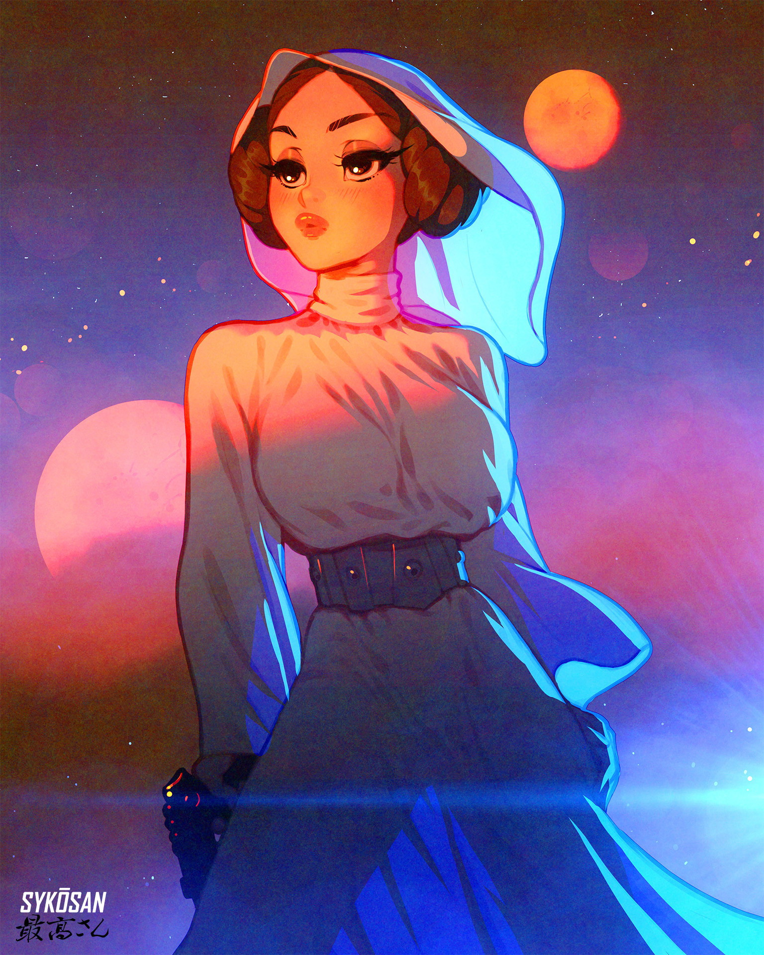 sykosan, princess leia, star wars, star wars: a new hope, highres, 1girl, artist name, breasts, brown eyes, brown hair, double bun, dress, gun, hair bun, holding, holding gun, holding weapon, looking to the side, medium breasts, solo, weapon, white dress