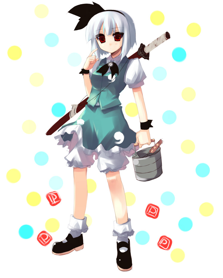 shin (new), konpaku youmu, touhou, silver hair, 1girl, female focus, full body, hairband, katana, red eyes, ribbon, short hair, skirt, solo, sword, underwear, weapon, white background