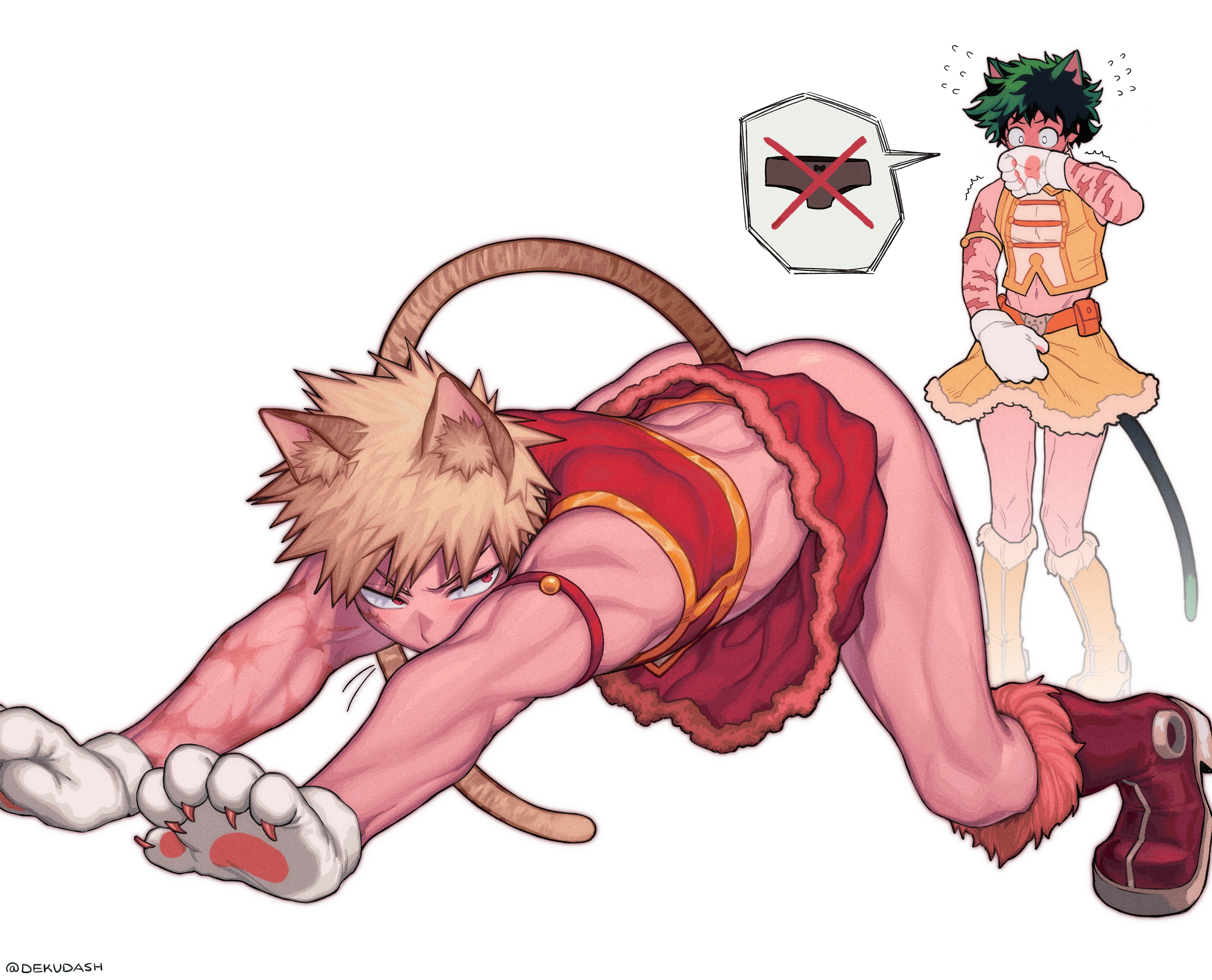 dekudash, bakugou katsuki, mandalay (boku no hero academia), midoriya izuku, ragdoll (boku no hero academia), boku no hero academia, absurdres, highres, protected link, 2boys, animal ear fluff, animal ears, blonde hair, blush, cat ears, cat stretch, cat tail, cosplay, crossdressing, crossdressing (mtf), embarrassed, full-face blush, fur-trimmed skirt, fur trim, green hair, hand on own crotch, male focus, mandalay (boku no hero academia) (cosplay), midriff, multiple boys, navel, no panties, ragdoll (boku no hero academia) (cosplay), scar, scar on arm, short hair, simple background, skirt, spiked hair, standing, stretching, tail, thighs, twitter username, white background