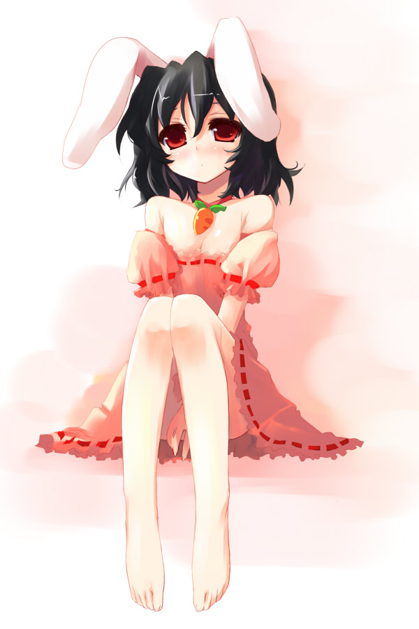 shin (new), inaba tewi, touhou, 1girl, animal ears, barefoot, black hair, blush, carrot, feet, female focus, food-themed clothes, full body, gradient background, rabbit ears, red eyes, short hair, sitting, solo, white background