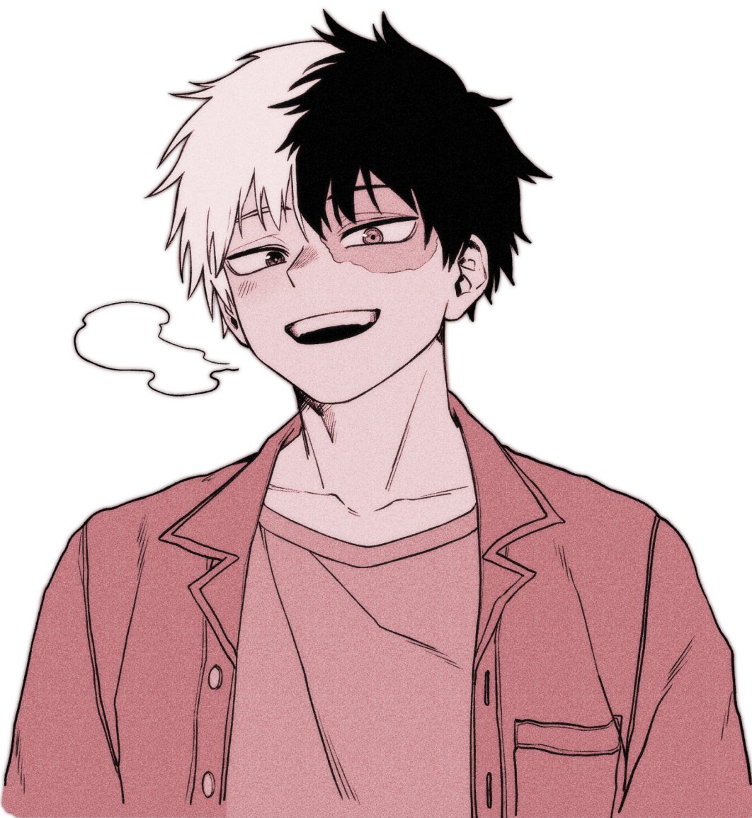 dekudash, todoroki shoto, boku no hero academia, protected link, 1boy, burn scar, buttons, collarbone, heterochromia, looking at viewer, male focus, monochrome, multicolored hair, pocket, scar, scar on face, shirt, simple background, smile, solo, split-color hair, teeth, two-tone hair, upper body, white background