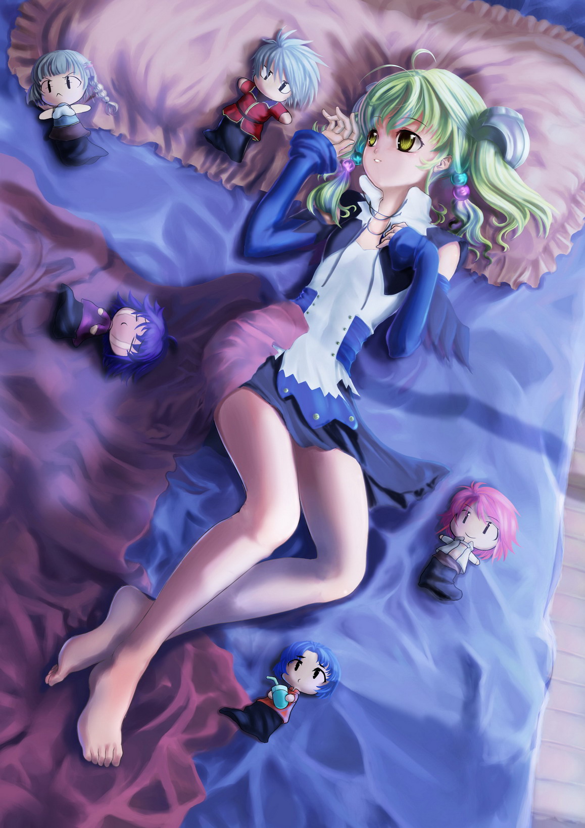 st.microscope, arado balanga, ibis douglas, irui guneden, kusuha mizuha, sanger zonvolt, seolla schweizer, banpresto, super robot wars, highres, 1girl, barefoot, blonde hair, character doll, doll, feet, female focus, flat chest, hand puppet, legs, lying, puppet, solo, twintails, yellow eyes