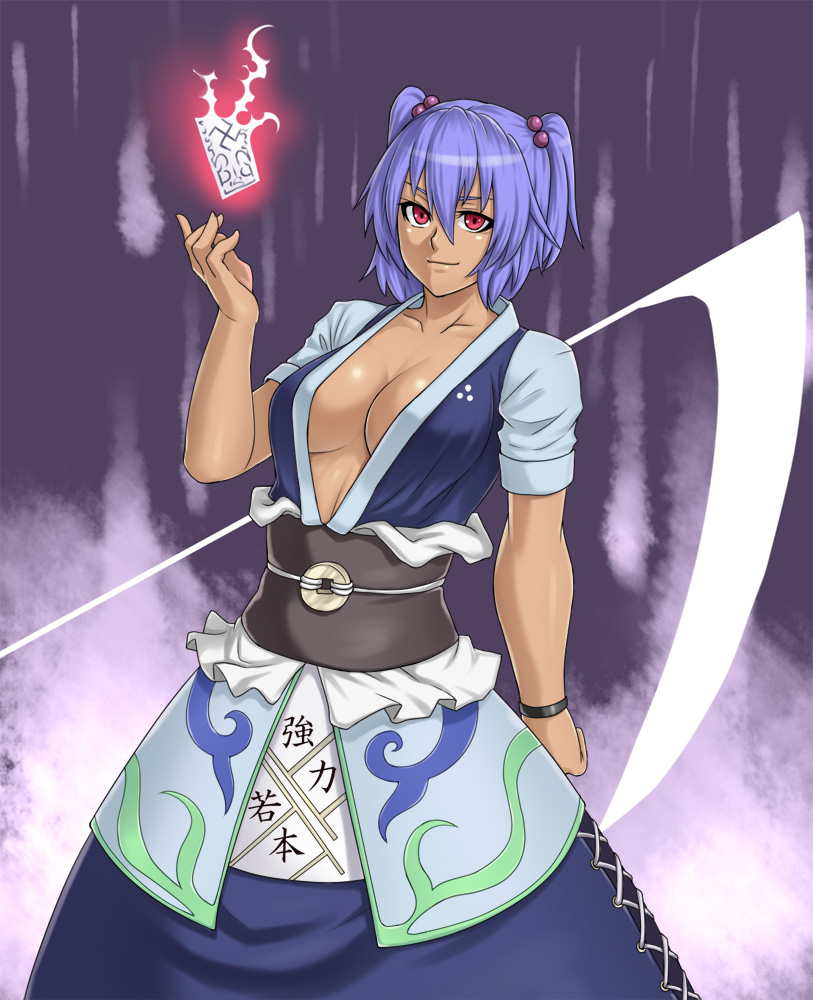 houtengeki, onozuka komachi, m.u.g.e.n, touhou, 1girl, alternate color, blue hair, breasts, cleavage, dark-skinned female, dark skin, dress, female focus, large breasts, red eyes, scythe, short hair, solo, twintails, two side up