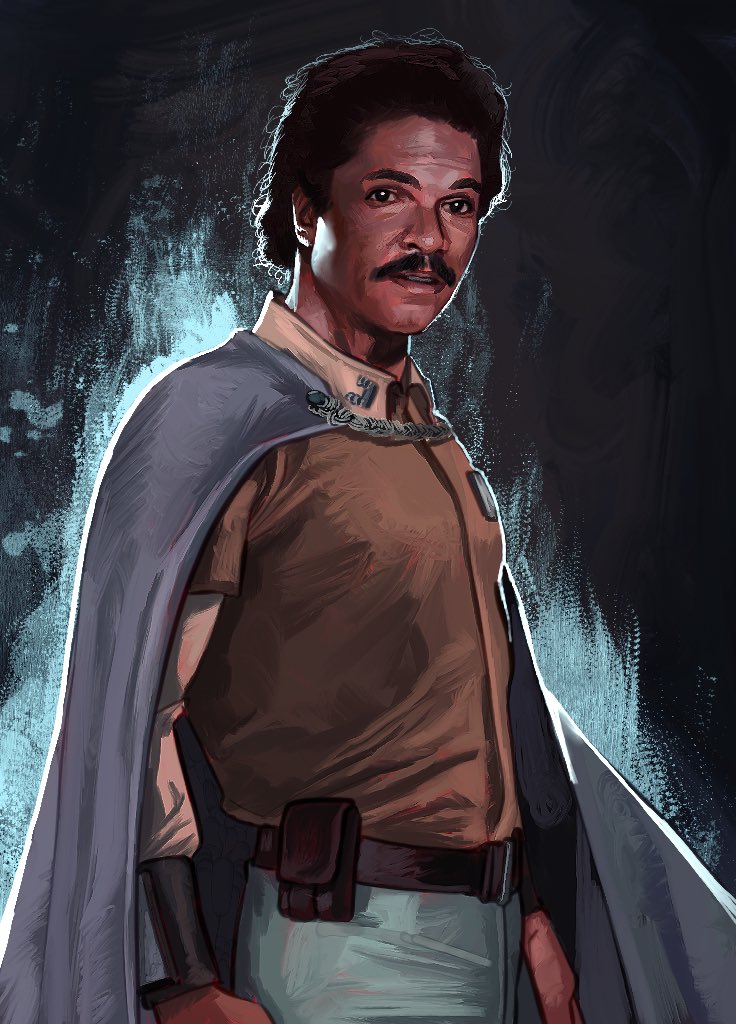 uzuri art, lando calrissian, star wars, star wars: return of the jedi, 1boy, black hair, blue cape, brown shirt, cape, dark-skinned male, dark skin, facial hair, layered sleeves, long sleeves, looking at viewer, mustache, realistic, shirt, short hair, short over long sleeves, short sleeves, solo, upper body
