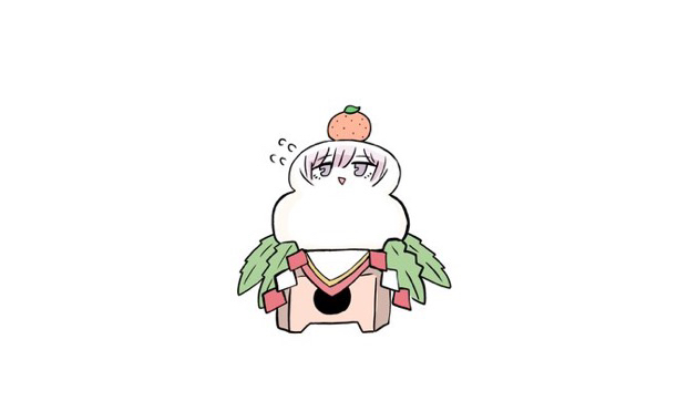 kawamochi (kawauti919), anastasia (idolmaster), idolmaster, idolmaster cinderella girls, 1girl, :>, brown hair, flying sweatdrops, food, foodification, fruit, grey eyes, hair between eyes, kagami mochi, mandarin orange, parted lips, simple background, solo, triangle mouth, white background