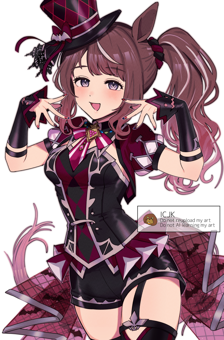 fig (lchijiku), tosen jordan (umamusume), umamusume, 1girl, animal ears, black shirt, black thighhighs, blue eyes, blush, breasts, brown hair, cowboy shot, cropped jacket, garter straps, hair ornament, hair scrunchie, halloween, halloween costume, hat, hat ornament, horse ears, horse girl, horse tail, jacket, long hair, looking at viewer, necktie, official alternate costume, open mouth, ponytail, puffy short sleeves, puffy sleeves, purple eyes, purple jacket, purple nails, red jacket, scrunchie, shirt, short necktie, short sleeves, shorts, side ponytail, simple background, smile, solo, tail, thighhighs, top hat, tosen jordan (highkey hallowed) (umamusume)