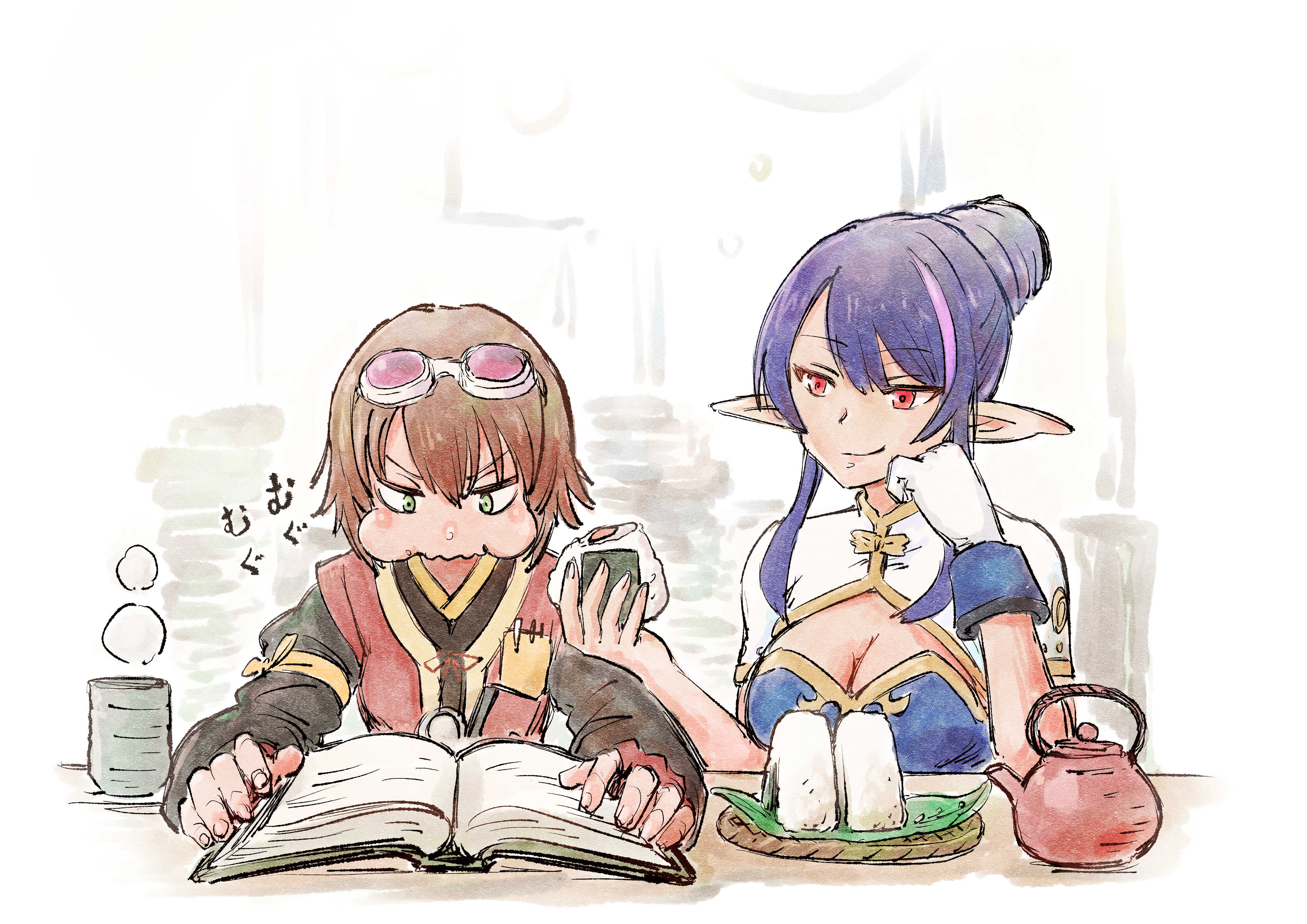 nemimin, judith (tales), rita mordio, tales of (series), tales of vesperia, absurdres, highres, 1girl, 2girls, :t, annoyed, blue hair, book, breasts, brown hair, chewing, cleavage, eating, feeding, fingerless gloves, food, food bite, frown, gloves, goggles, goggles on head, green eyes, hands on own cheeks, hands on own face, head rest, holding, holding food, large breasts, long hair, looking at another, multiple girls, onigiri, open book, pointy ears, purple hair, reading, red eyes, rice, short hair, small breasts, smile, smirk, smug, teapot