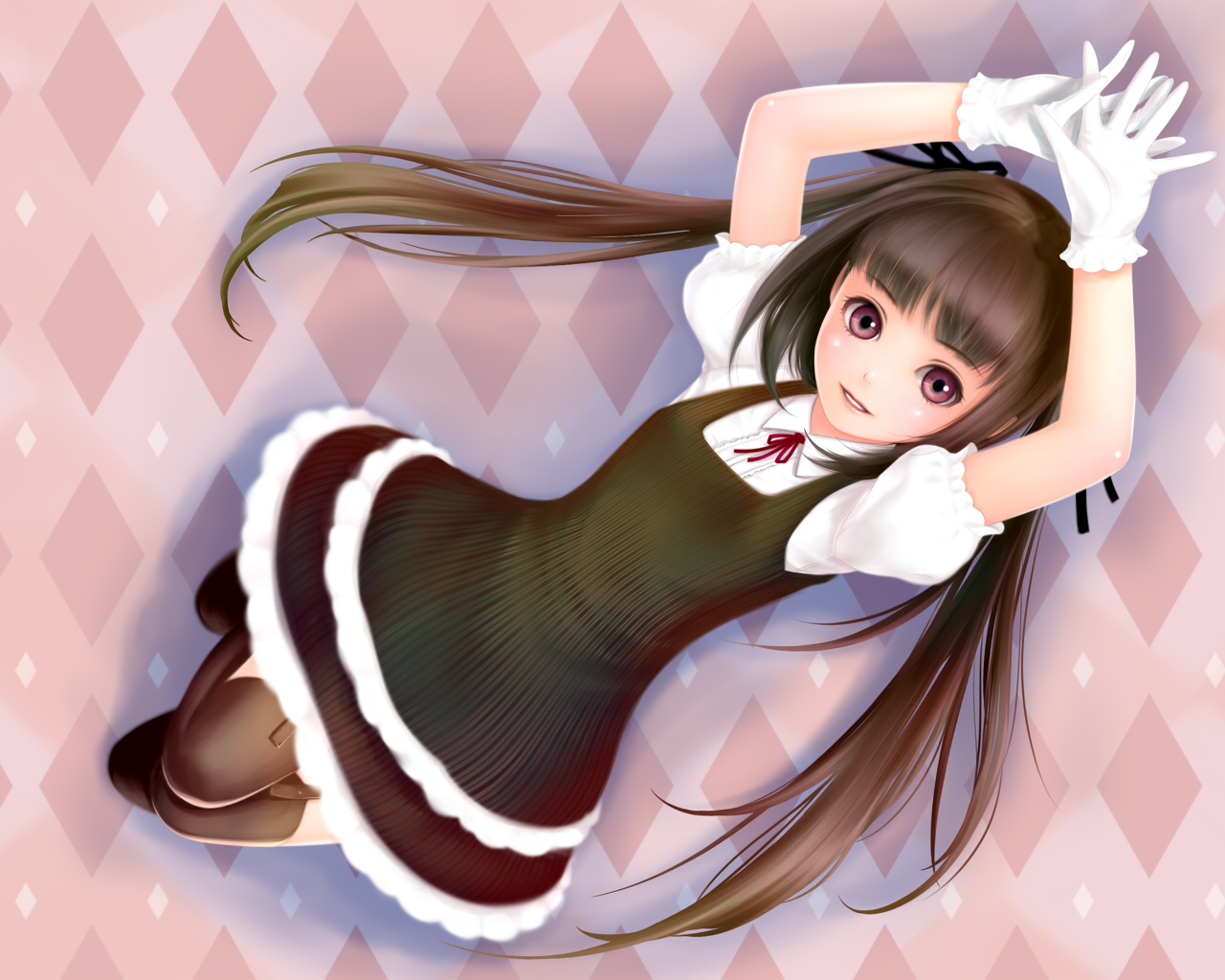 yori, yori (shitsuon), kooh (pangya), pangya, 1girl, arms up, brown hair, female focus, gloves, long hair, purple eyes, solo, thighhighs, twintails
