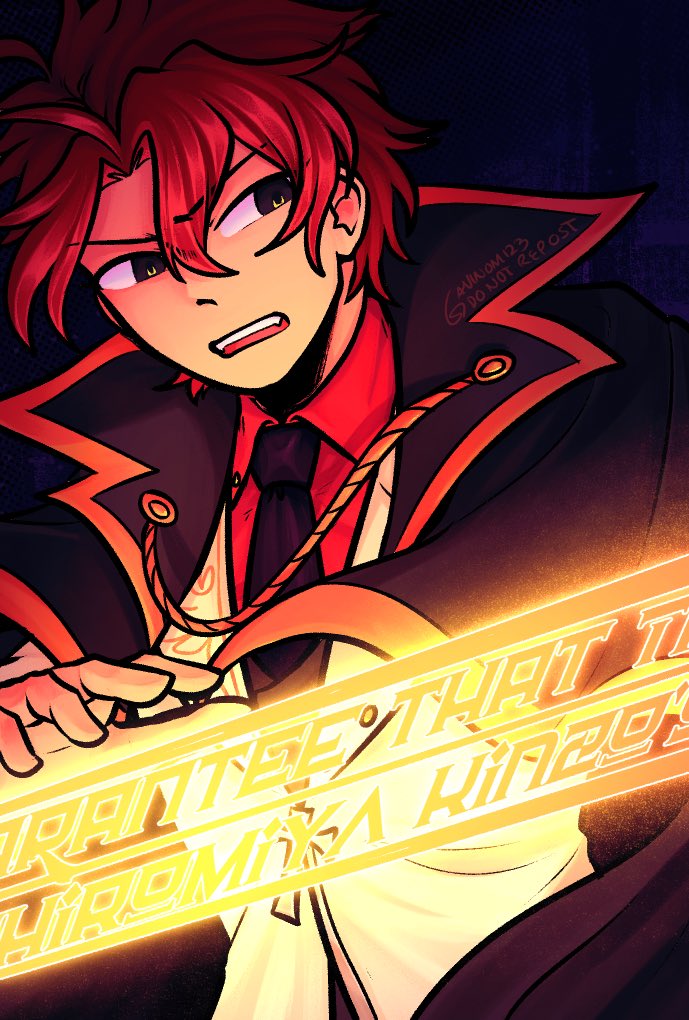 gavinom123, ushiromiya battler, umineko no naku koro ni, 1boy, black cloak, black eyes, cloak, cross, english text, fang, formal clothes, gold trim, magic, necktie, open mouth, red hair, red shirt, shirt, short hair, solo, suit, white suit