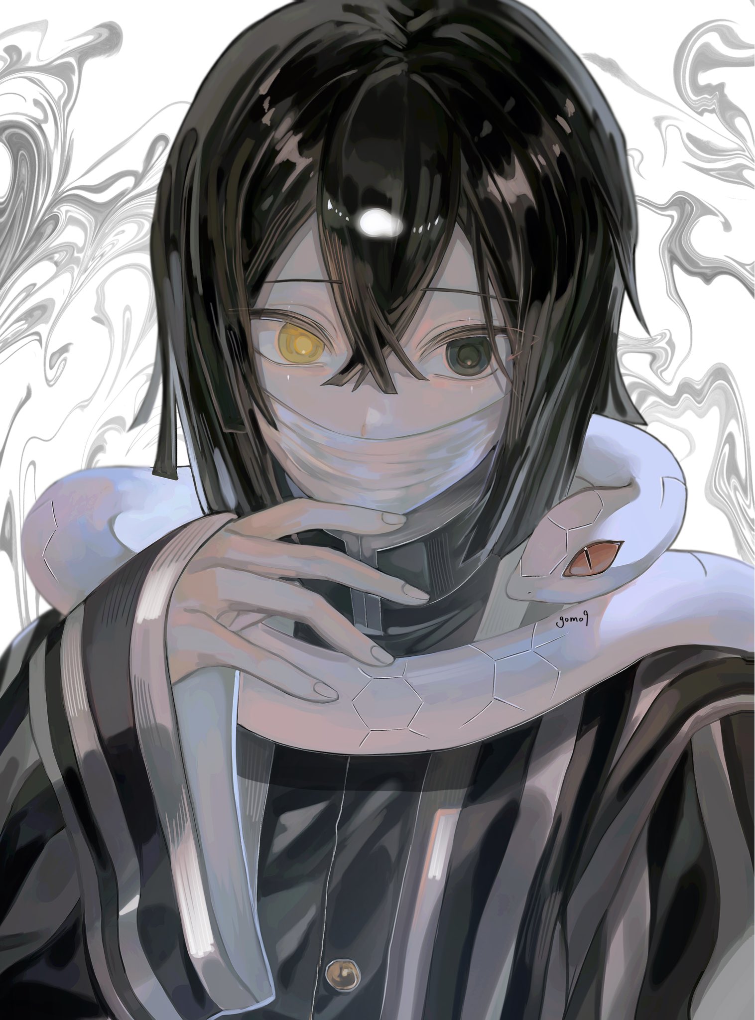 iguro obanai, kimetsu no yaiba, highres, 1017gomo9, 1boy, black jacket, blue eyes, covered mouth, demon slayer uniform, fingernails, gold buttons, hair between eyes, hand up, haori, heterochromia, high collar, jacket, japanese clothes, male focus, medium hair, snake, solo, striped haori, upper body, white background, yellow eyes