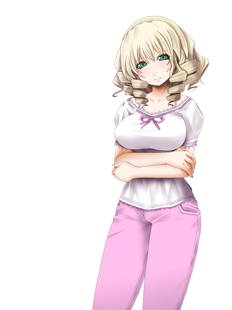 chemical-x, hinaichigo, rozen maiden, 00s, aged up, blonde hair, breasts, crossed arms, drill hair, green eyes, head tilt, short hair, solo
