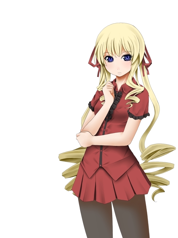 chemical-x, shinku, rozen maiden, 00s, aged up, blonde hair, blue eyes, drill hair, hair ribbon, long hair, pantyhose, ribbon, skirt, solo, very long hair