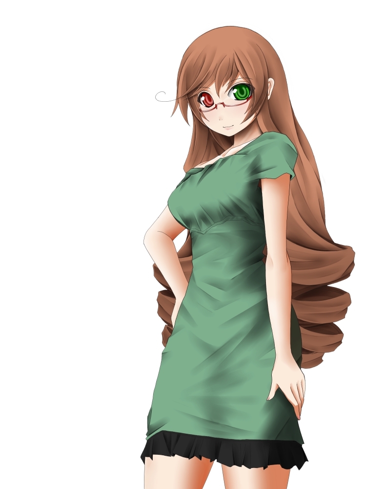 chemical-x, suiseiseki, rozen maiden, 00s, aged up, brown hair, dress, drill hair, glasses, green eyes, hand on own hip, hands on own hips, heterochromia, hip focus, long hair, red eyes, solo, very long hair