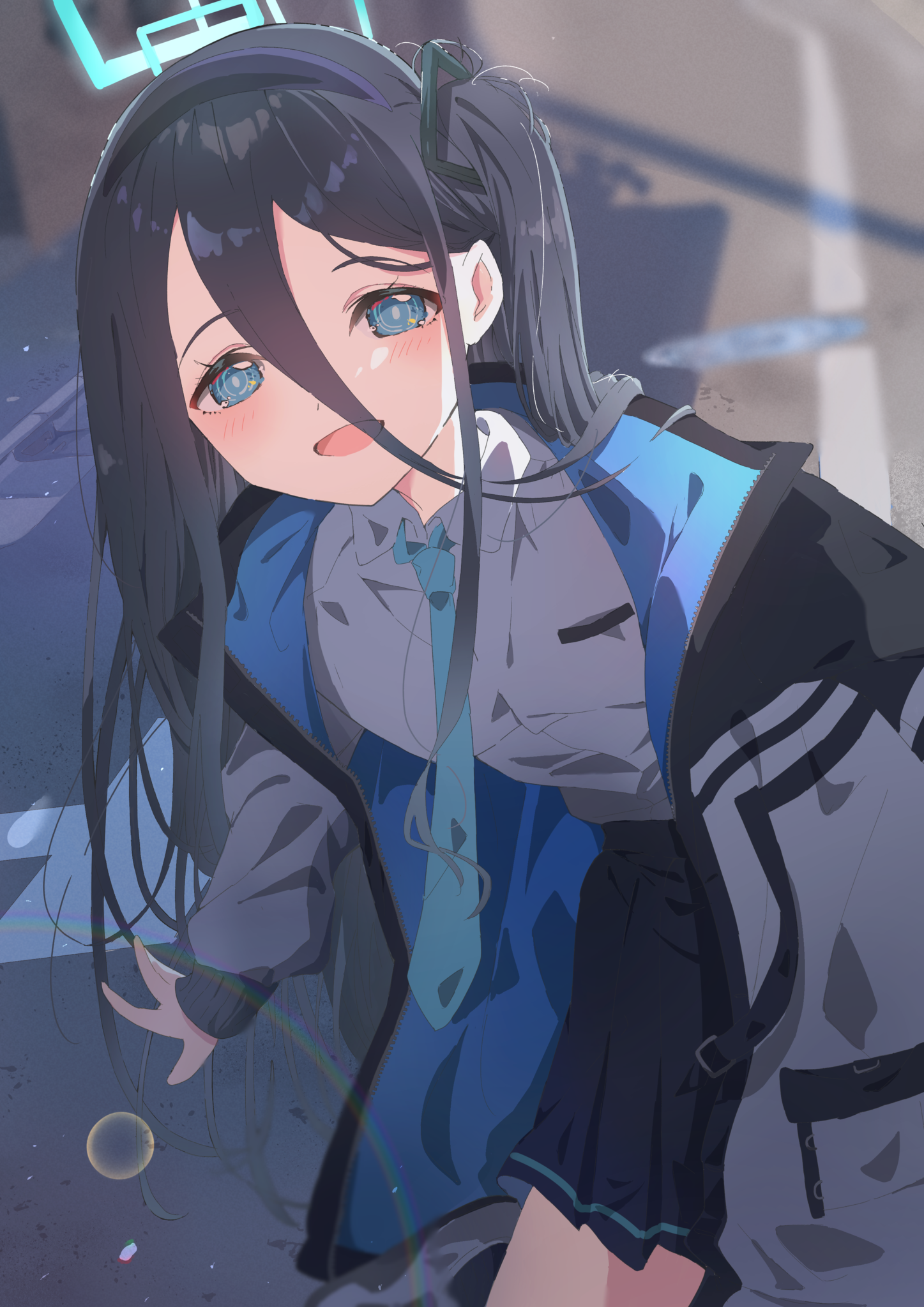 kousaki (yeuk7427), aris (blue archive), blue archive, commentary, highres, 1girl, :d, aqua eyes, aqua halo, black hair, black hairband, black jacket, black skirt, blue jacket, blue necktie, blurry, blurry background, blush, bright pupils, collared shirt, cowboy shot, depth of field, double-parted bangs, hair behind ear, hair between eyes, hairband, halo, jacket, long bangs, long hair, long hair between eyes, long sidelocks, long sleeves, looking at viewer, multicolored jacket, necktie, one side up, open clothes, open jacket, open mouth, outdoors, pleated skirt, rectangular halo, ringed eyes, road, school uniform, shirt, sidelocks, skirt, smile, solo, street, two-sided fabric, two-sided jacket, very long hair, white jacket, white pupils, white shirt