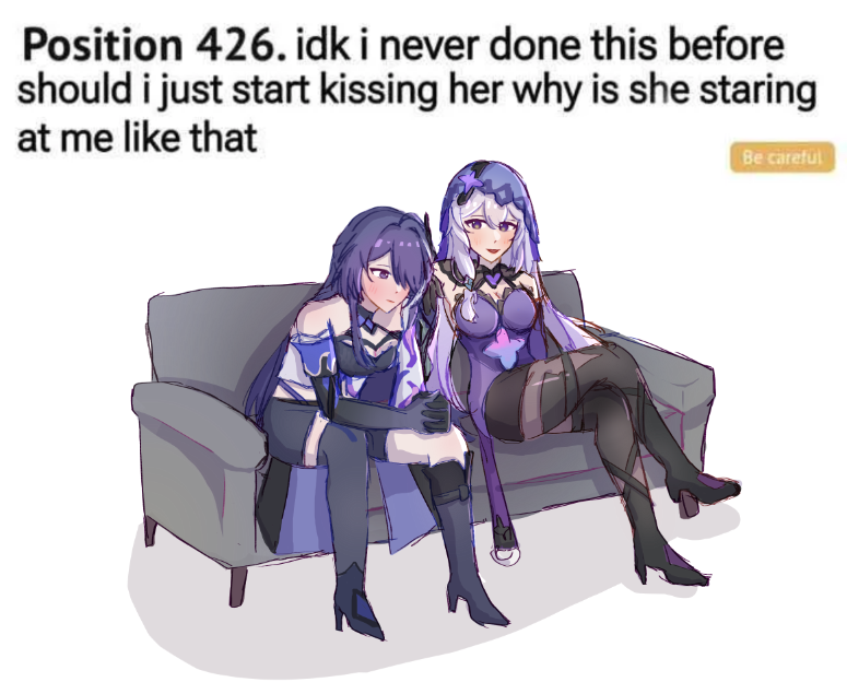 acheron (honkai: star rail), black swan (honkai: star rail), honkai: star rail, honkai (series), commentary, english commentary, 2girls, asymmetrical legwear, bare shoulders, boots, breasts, choker, couch, crop top, crossed legs, dress, elbow gloves, english text, gloves, high heel boots, high heels, jacket, large breasts, long hair, meme, multiple girls, open clothes, open jacket, pantyhose, pechisigh, purple hair, short hair, sitting, veil, very long hair, yuri