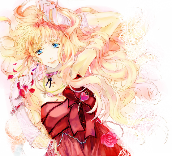 mooche, sheryl nome, macross, macross frontier, bad id, 00s, blonde hair, blue eyes, dress, gloves, heart, lace, long hair, mch (pixiv#39681), petals, ribbon, rose petals, solo