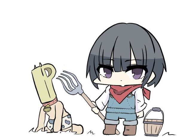 kawamochi (kawauti919), p-head producer, producer (idolmaster), shirayuki chiyo, idolmaster, idolmaster cinderella girls, 1boy, 1girl, animal print, bandana, bandana around neck, bell, black hair, boots, brown boots, bucket, chibi, closed mouth, collar, cow horns, cow print, farmer, holding, horns, long sleeves, looking at viewer, neck bell, overalls, pitchfork, purple eyes, red collar, shirt, short hair, simple background, standing, topless male, white background, white shirt