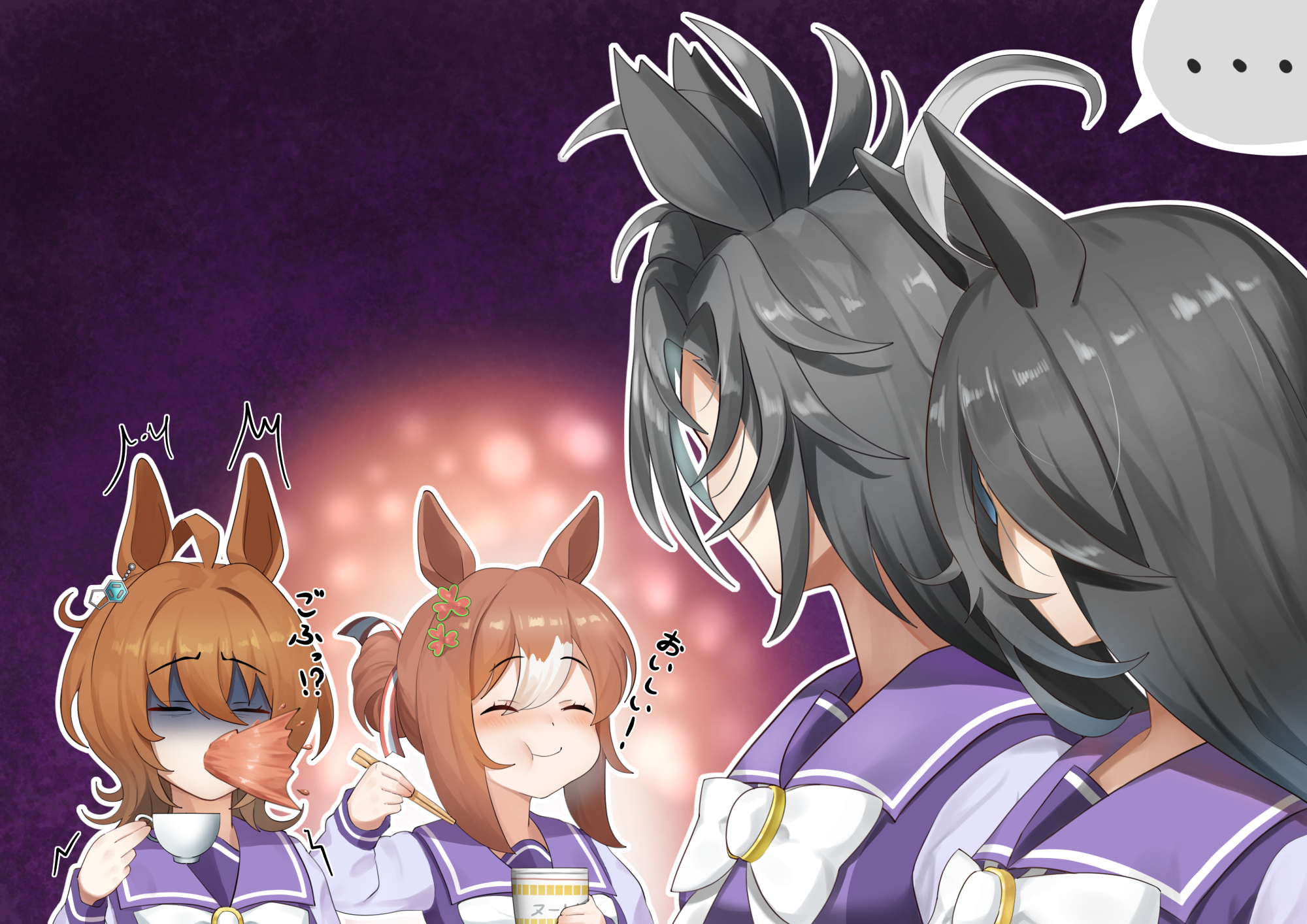 motusii, agnes tachyon (umamusume), air shakur (umamusume), fine motion (umamusume), manhattan cafe (umamusume), umamusume, highres, …, 4girls, :t, ahoge, black hair, blush, bow, bowtie, brown hair, chemical structure, closed eyes, cup, cup ramen, ear ornament, earrings, eating, flower, grey hair, hair between eyes, hair bun, hair flower, hair ornament, hair ribbon, holding, holding cup, jewelry, long bangs, long hair between eyes, looking at another, multicolored hair, multiple girls, purple sailor collar, purple shirt, red flower, red ribbon, ribbon, sailor collar, school uniform, shirt, single earring, single hair bun, speech bubble, spit take, spitting, spoken ellipsis, tracen school uniform, turn pale, two-tone ribbon, white bow, white bowtie, white hair, white ribbon