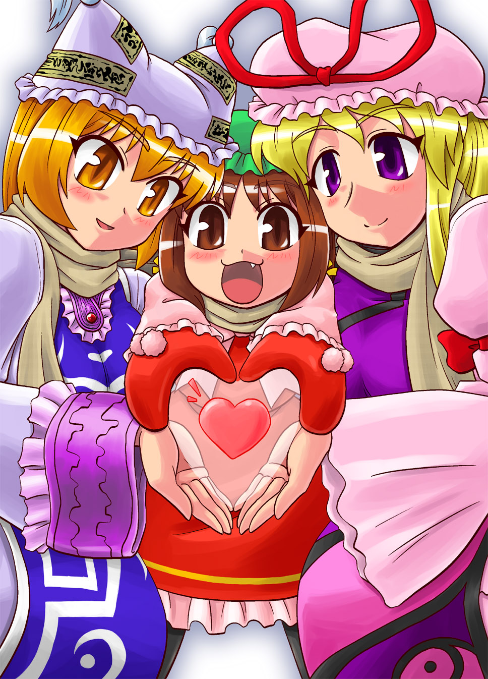 sasuke (sasuke no sato), chen, yakumo ran, yakumo yukari, touhou, highres, 3girls, animal hat, blonde hair, blush, brown eyes, brown hair, fang, female focus, hat, heart, heart hands, heart hands trio, heart in heart hands, long sleeves, mob cap, multiple girls, purple eyes, ribbon, scarf, short hair, tassel, wide sleeves, yellow eyes