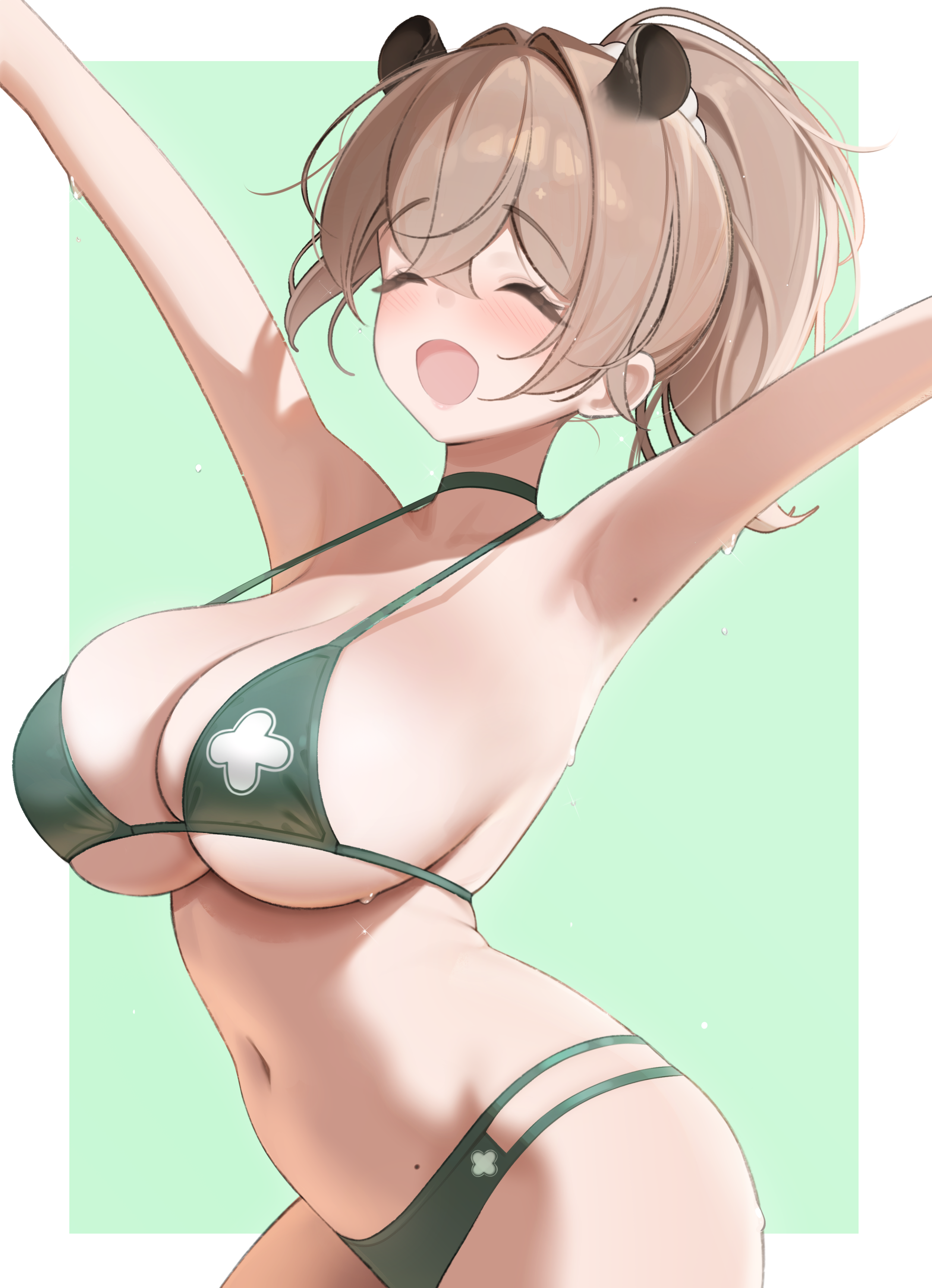 prab, nimi nightmare, nimi nightmare (lifeguard), indie virtual youtuber, absurdres, commentary, english commentary, highres, 1girl, armpits, arms up, bikini, blonde hair, breasts, choker, cleavage, closed eyes, crossed bangs, double-parted bangs, extra ears, green background, green bikini, hair between eyes, large breasts, mole, mole on armpit, mole on stomach, navel, open mouth, outstretched arms, ponytail, short hair, simple background, solo, swimsuit, tapir girl, virtual youtuber