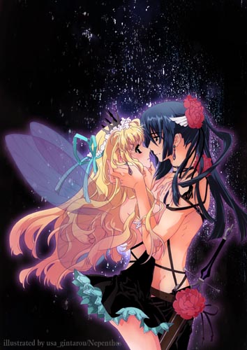 usa gintarou, usagintarou, saotome alto, sheryl nome, macross, macross frontier, lowres, 00s, 1boy, 1girl, couple, dress, earrings, fairy, fairy wings, flower, hetero, jewelry, wings