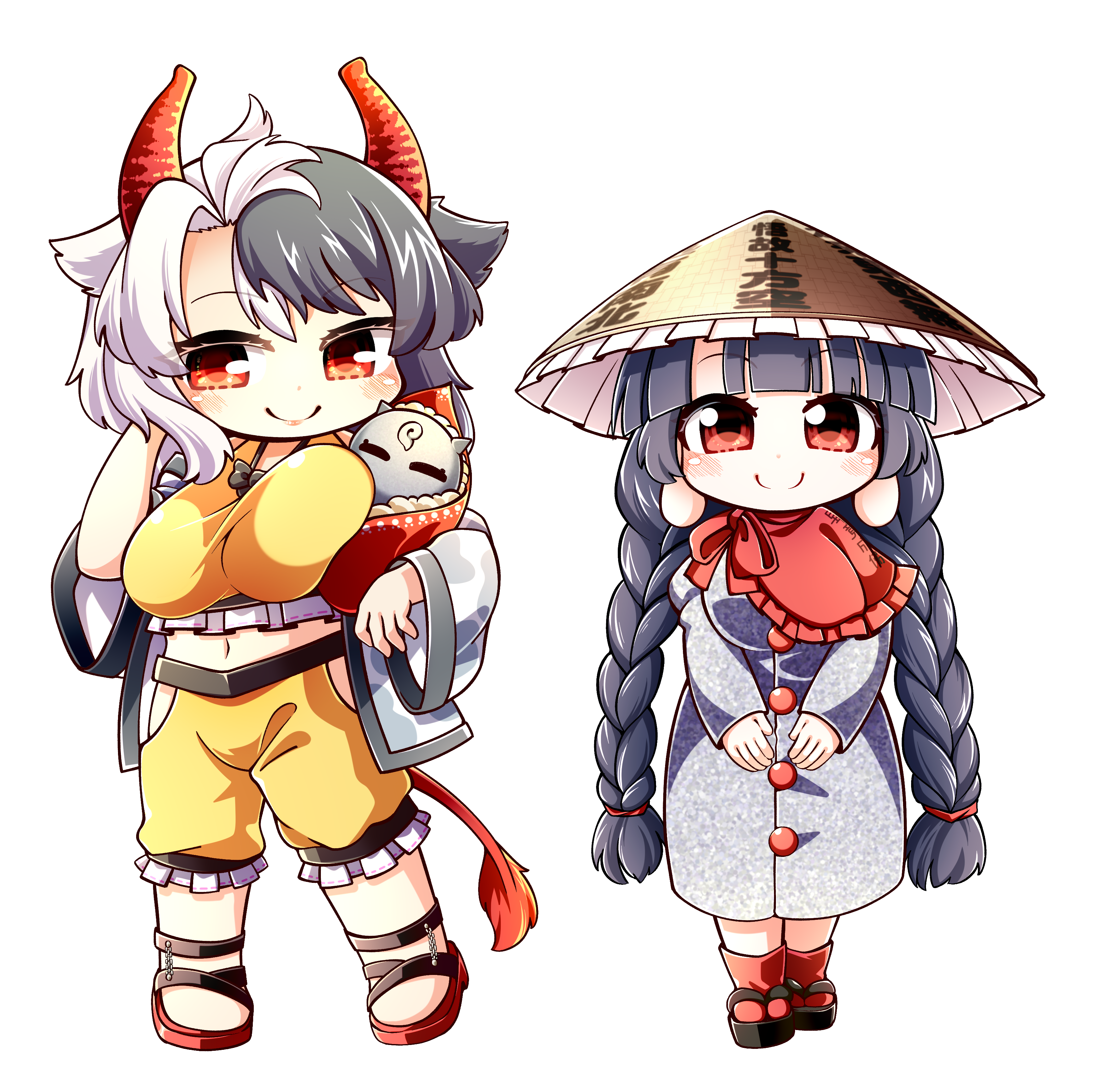 0-den, ushizaki urumi, yatadera narumi, touhou, absurdres, highres, 2girls, ajirogasa, animal ears, animal print, black hair, black sandals, blunt bangs, blush, bow, braid, breasts, buttons, capelet, chibi, chibi only, closed mouth, clothes writing, clothing cutout, cow ears, cow girl, cow horns, cow print, dress, frills, full body, grey dress, hand on own head, hand up, hat, horns, jacket, large breasts, long earlobes, long hair, long sleeves, looking at viewer, low-braided long hair, low-tied long hair, midriff, multicolored hair, multiple girls, navel, open clothes, open jacket, red bow, red capelet, red eyes, red shoes, red socks, sandals, shoes, short hair, shorts, simple background, smile, socks, standing, statue, tank top, transparent background, twin braids, two-tone hair, white hair, white jacket, wide sleeves, yellow hat, yellow shorts, yellow tank top