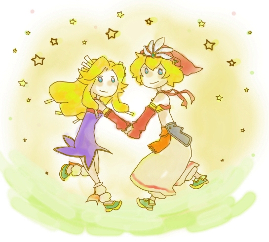 sabo (sabotaru), toto, imu, imu (lom), toto (lom), legend of mana, seiken densetsu, 1boy, 1girl, blonde hair, chibi, from side, full body, hat, holding hands, own hands together, star (symbol)