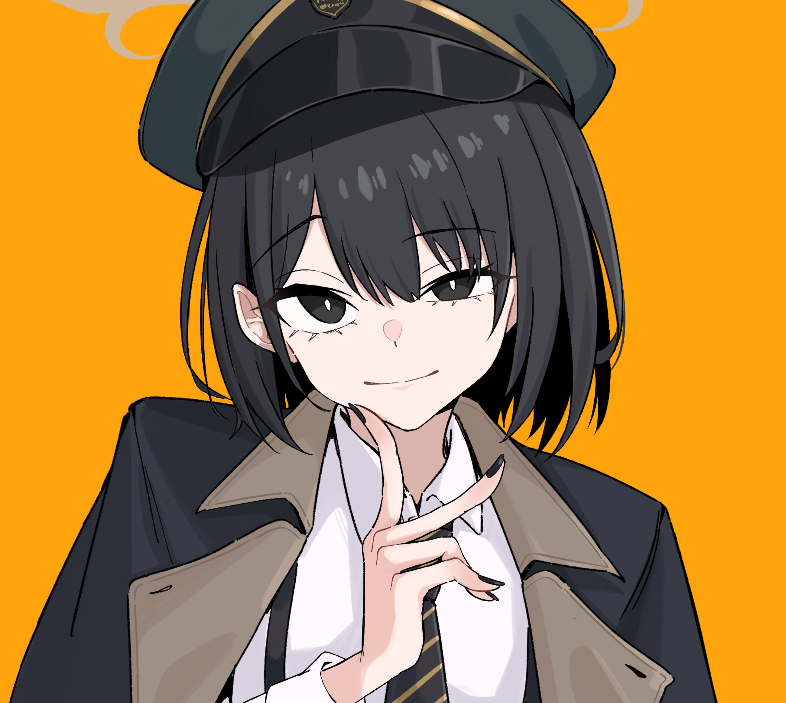 tinkie, hiromi (blue archive), blue archive, highres, 1girl, black eyes, black hair, black jacket, black necktie, brown halo, diagonal-striped clothes, diagonal-striped necktie, green hat, halo, hat, jacket, jacket on shoulders, necktie, open clothes, open jacket, peaked cap, removing glove, short hair, simple background, solo, striped clothes, striped necktie, suspenders, upper body, vertical-striped clothes, yellow background