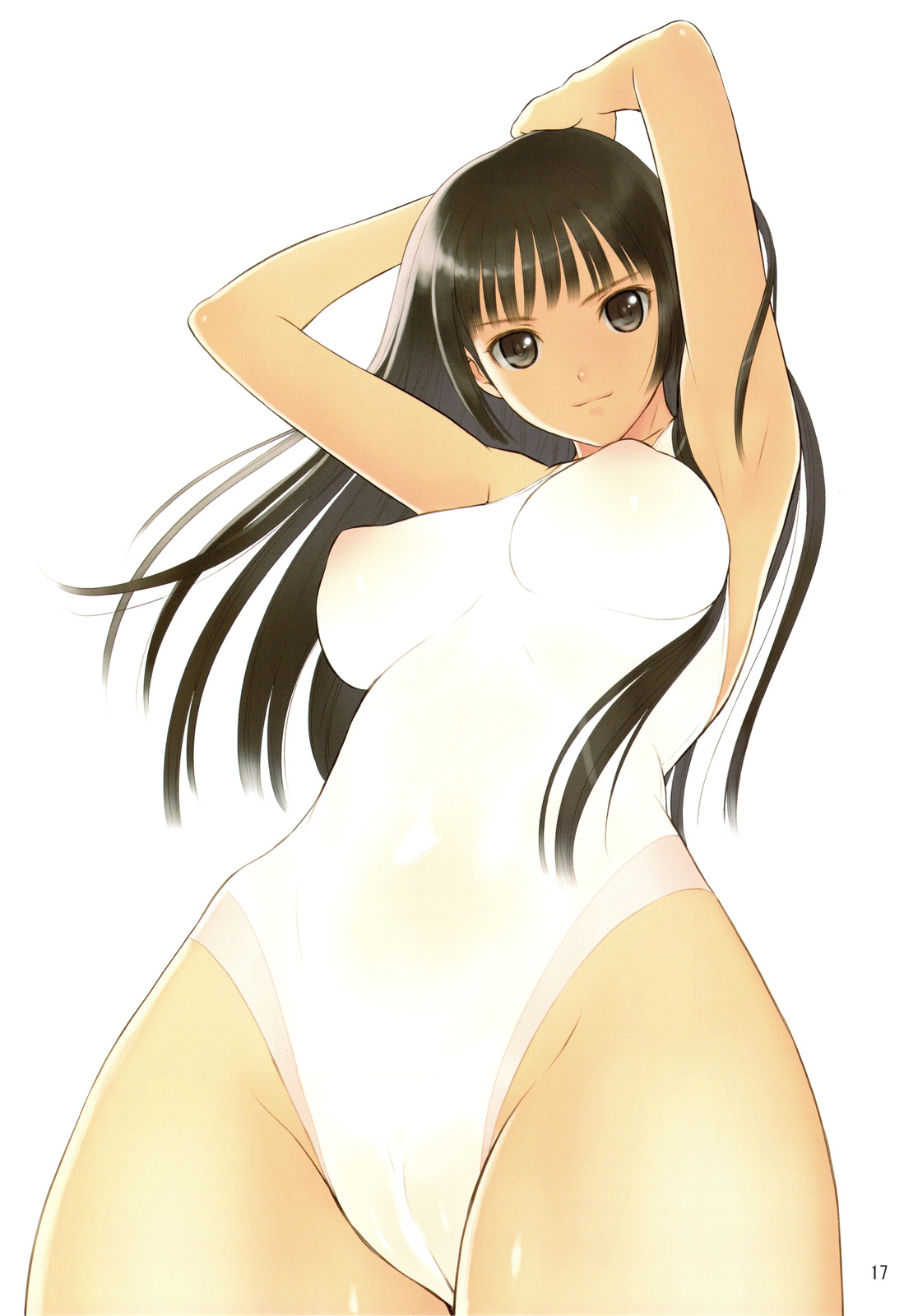 tony taka, highres, 1girl, breasts, brown eyes, brown hair, cameltoe, female focus, from below, large breasts, long hair, one-piece swimsuit, solo, swimsuit, white background, white one-piece swimsuit