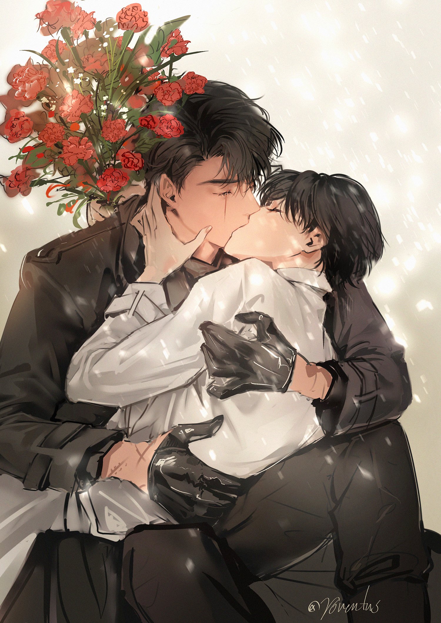 kim dokja, secretive plotter, omniscient reader's viewpoint, highres, 2boys, arm around back, arm behind back, black coat, black gloves, bouquet, chrysanthemum, closed eyes, coat, feet out of frame, flower, gloves, hand on another's neck, holding, holding bouquet, kiss, knees up, multiple boys, multiple scars, popped collar, roventus, scar, scar across eye, scar on arm, scar on face, sitting, sitting on lap, sitting on person, white coat, yaoi
