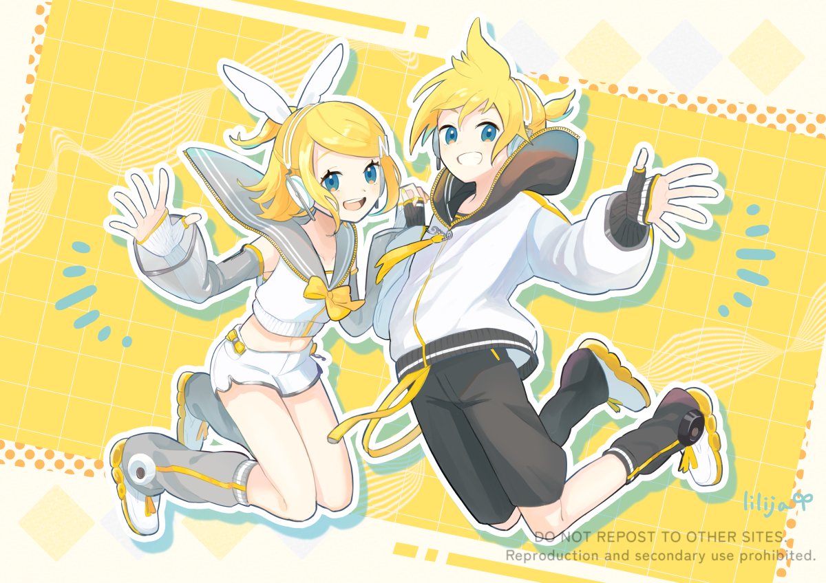 lilija, kagamine len, kagamine len (nt), kagamine rin, kagamine rin (nt), vocaloid, hashtag-only commentary, 1boy, 1girl, artist name, bare shoulders, black gloves, black leg warmers, black sailor collar, black shorts, blonde hair, blue eyes, bow, chest bow, cropped jacket, detached sleeves, fingerless gloves, gloves, grey leg warmers, grey sailor collar, grey sleeves, hair bow, hair ornament, hairpin, headphones, jacket, layered sleeves, leg warmers, long sleeves, midriff, ponytail, sailor collar, shoes, short hair, short ponytail, short shorts, shorts, sleeveless, sleeveless jacket, swept bangs, text hair ornament, white bow, white gloves, white jacket, white shoes, white shorts, wing-shaped bow, yellow bow, yellow trim