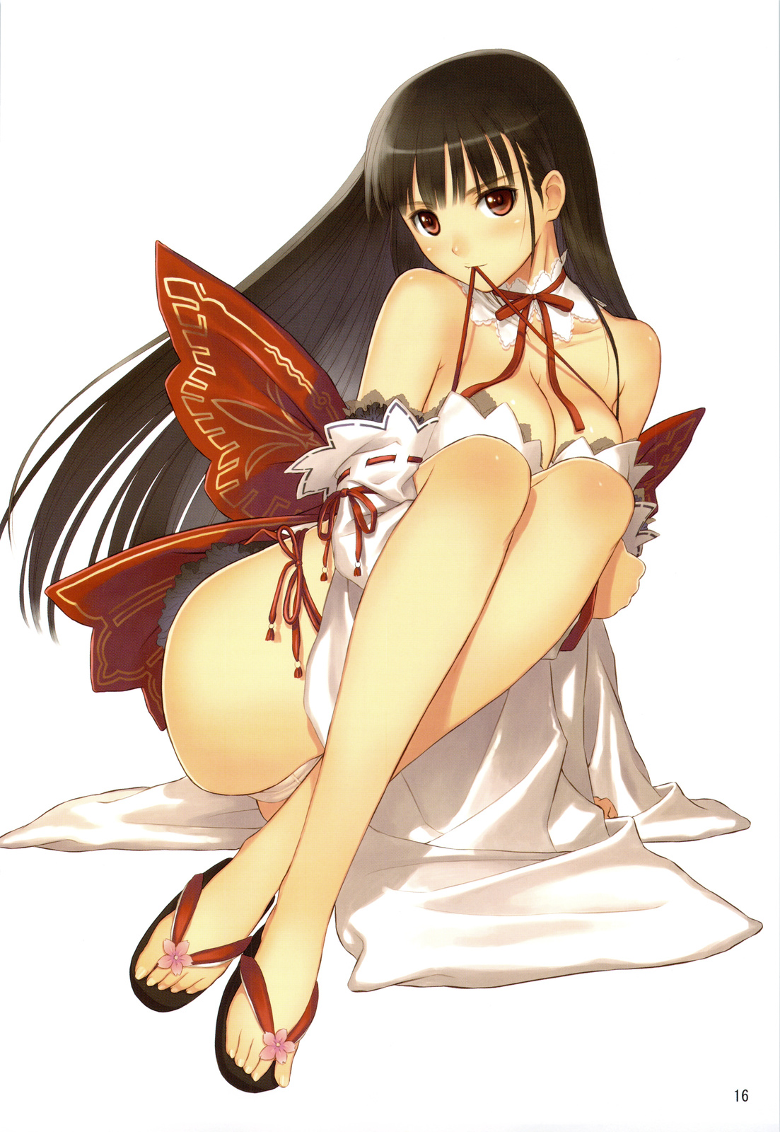 tony taka, highres, scan, 1girl, barefoot, blush, bow, breasts, brown eyes, brown hair, choker, cleavage, detached sleeves, feet, female focus, legs, long legs, looking at viewer, mouth hold, panties, pantyshot, red eyes, ribbon, sandals, simple background, solo, toes, underwear, white background, white panties