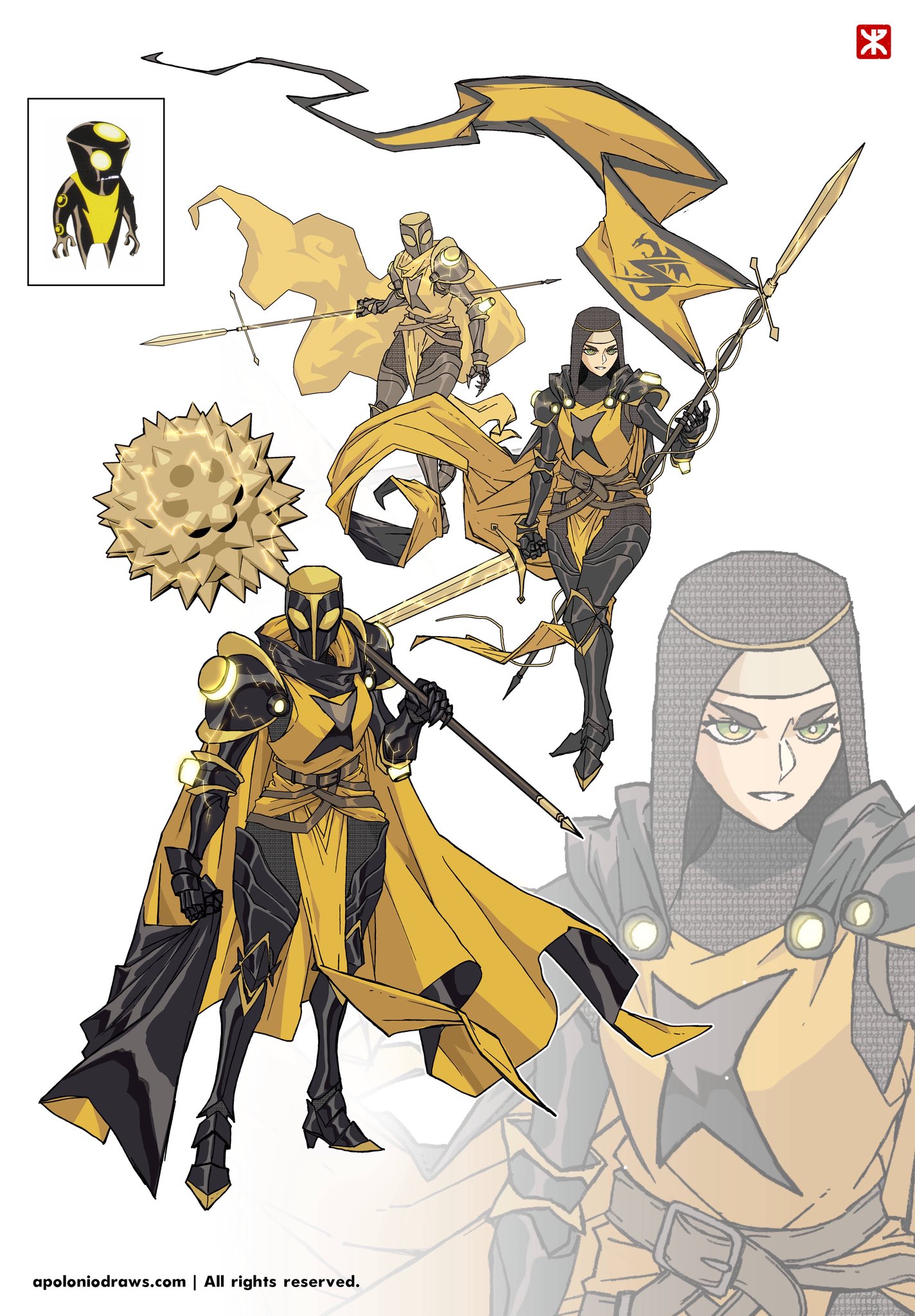 apoloniodraws, megawatt, ben 10, highres, 1girl, armor, black armor, coat, electricity, full armor, green eyes, holding, holding polearm, holding sword, holding weapon, long coat, looking at viewer, nun, polearm, spike ball, sword, weapon, yellow coat, yellow flag
