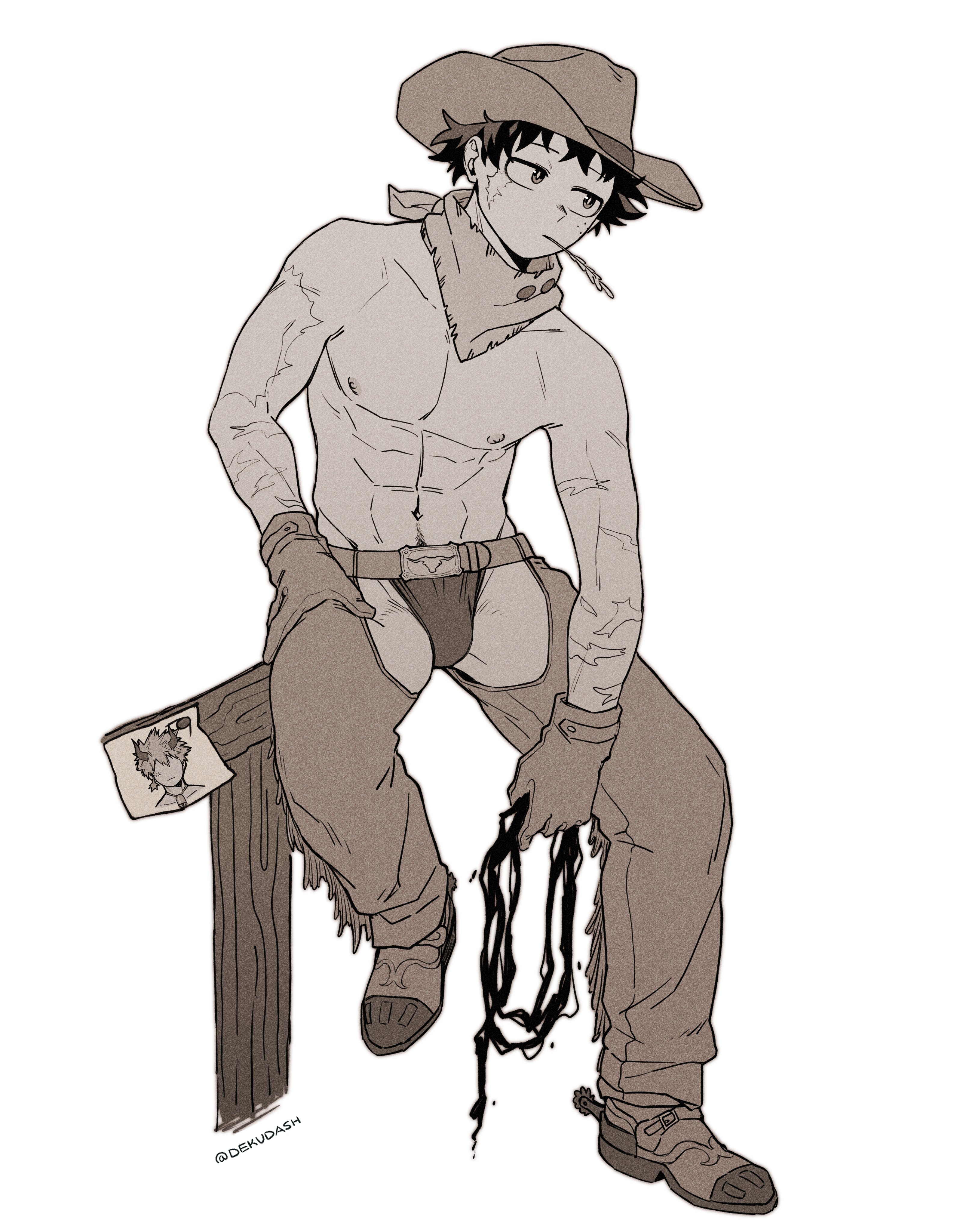 dekudash, midoriya izuku, boku no hero academia, absurdres, highres, 1boy, abs, alternate costume, black whip (boku no hero academia), bulge, cowboy, cowboy hat, freckles, gloves, greyscale, hat, male focus, male pubic hair, monochrome, navel, nipples, pubic hair, pubic hair peek, scar, scar on arm, scar on face, sitting, solo, topless male, western