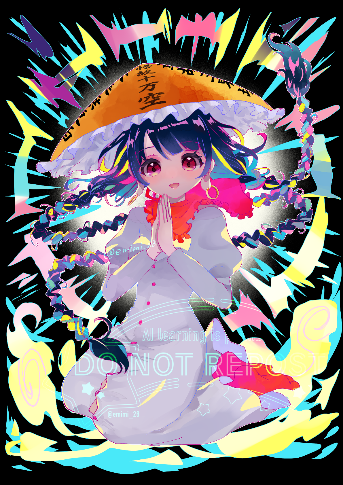 emimi (emimi 28), yatadera narumi, hidden star in four seasons, touhou, commentary request, highres, 1girl, abstract background, ajirogasa, artist name, black background, black hair, blonde hair, blue hair, braid, buttons, capelet, clothes writing, dress, earrings, floating hair, frills, full body, green hair, grey dress, hair between eyes, hands up, hat, hoop earrings, jewelry, long earlobes, long hair, long sleeves, looking at viewer, low-braided long hair, low-tied long hair, multicolored hair, no shoes, open mouth, orange hat, own hands together, pink hair, red capelet, red eyes, red socks, seiza, sitting, smile, socks, solo, star (symbol), twin braids, watermark