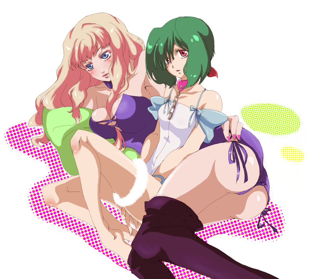 aucie, aushi (pixiv #328929), ranka lee, sheryl nome, macross, macross frontier, bad id, bad pixiv id, 00s, 2girls, ass, blonde hair, breasts, cleavage, frilled thigh strap, green hair, long hair, medium breasts, multiple girls, short hair, thigh strap, thighhighs, yuri