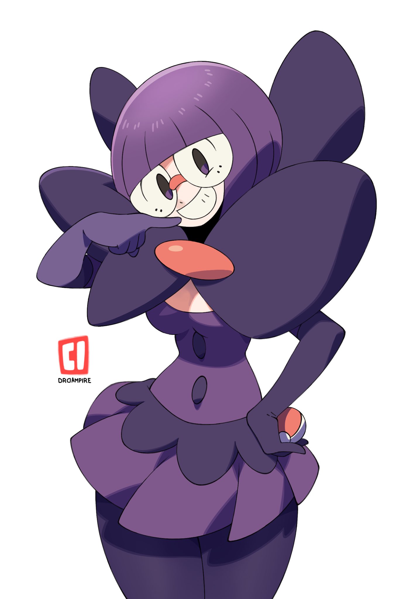 dypire, shauntal (pokemon), nintendo, pokemon, pokemon bw, highres, 1girl, blunt bangs, bob cut, bow, breasts, elbow gloves, glasses, gloves, grin, hand on own hip, hand up, holding, holding poke ball, large bow, low-cut, medium breasts, neck pillow, pantyhose, poke ball, poke ball (basic), purple hair, purple skirt, rimless eyewear, round eyewear, short hair, skirt, smile, solo