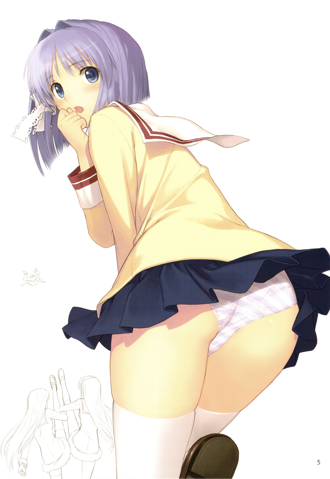 tony taka, fujibayashi kyou, fujibayashi ryou, sakagami tomoyo, sunohara youhei, clannad, highres, scan, 00s, 1boy, 3girls, :o, ass, back, blue eyes, blue hair, blue panties, blush, bob cut, clenched hand, clothes lift, from behind, hair intakes, hair ribbon, hairband, hand to own mouth, high kick, kicking, kneehighs, lace, leaning forward, leg lift, loafers, long hair, long sleeves, looking at viewer, looking back, miniskirt, multiple girls, open mouth, page number, panties, pantyshot, parted bangs, partially colored, pleated skirt, purple hair, ribbon, school uniform, serafuku, shirt, shoes, short hair, siblings, simple background, sisters, skindentation, skirt, skirt lift, sleeve cuffs, socks, solo focus, standing, standing on one leg, striped clothes, striped panties, surprised, teamwork, teamwork (sexual), thighhighs, thighs, tress ribbon, twins, underwear, upskirt, very long hair, white background, white panties, white thighhighs, wind, wind lift