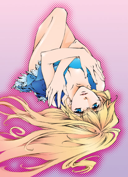 escape club, hiiragi yuki (escape club), sheryl nome, macross, macross frontier, 00s, blonde hair, blue eyes, long hair, lying, solo