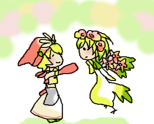 sabo (sabotaru), toto, elle (lom), toto (lom), legend of mana, seiken densetsu, lowres, 1boy, 1girl, blonde hair, blush, chibi, closed eyes, detached sleeves, dress, flower, hair flower, hair ornament, hat, short hair, smile
