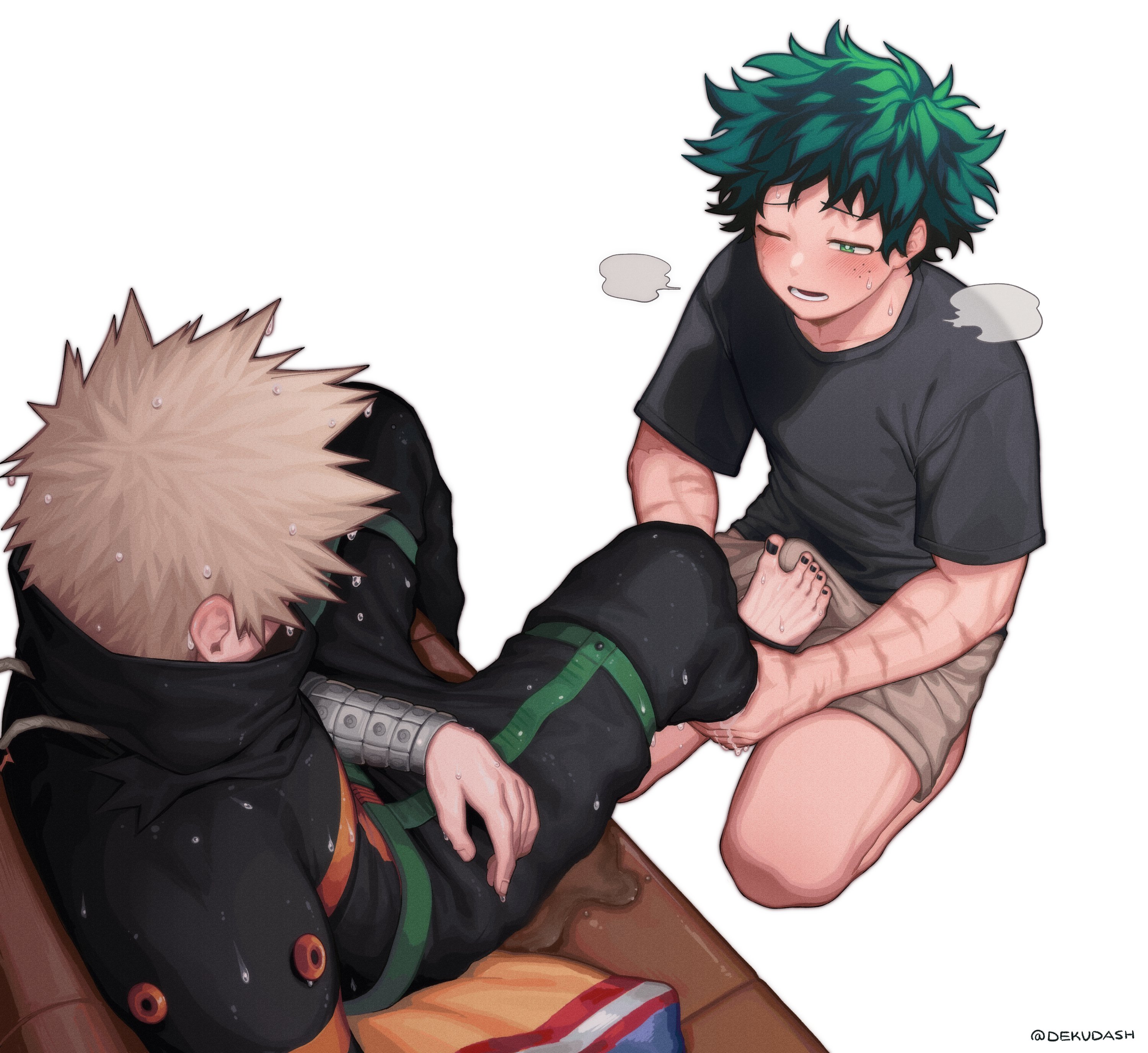dekudash, bakugou katsuki, midoriya izuku, boku no hero academia, absurdres, highres, protected link, 2boys, barefoot, black nails, black shirt, blonde hair, bulge, erection, erection under clothes, feet, footjob, footjob over clothes, from above, green eyes, green hair, male focus, multiple boys, multiple scars, no gloves, one eye closed, scar, scar on arm, scar on face, shirt, short hair, sitting, spiked hair, superhero costume, toenails, wet, wet clothes, wet hair, yaoi