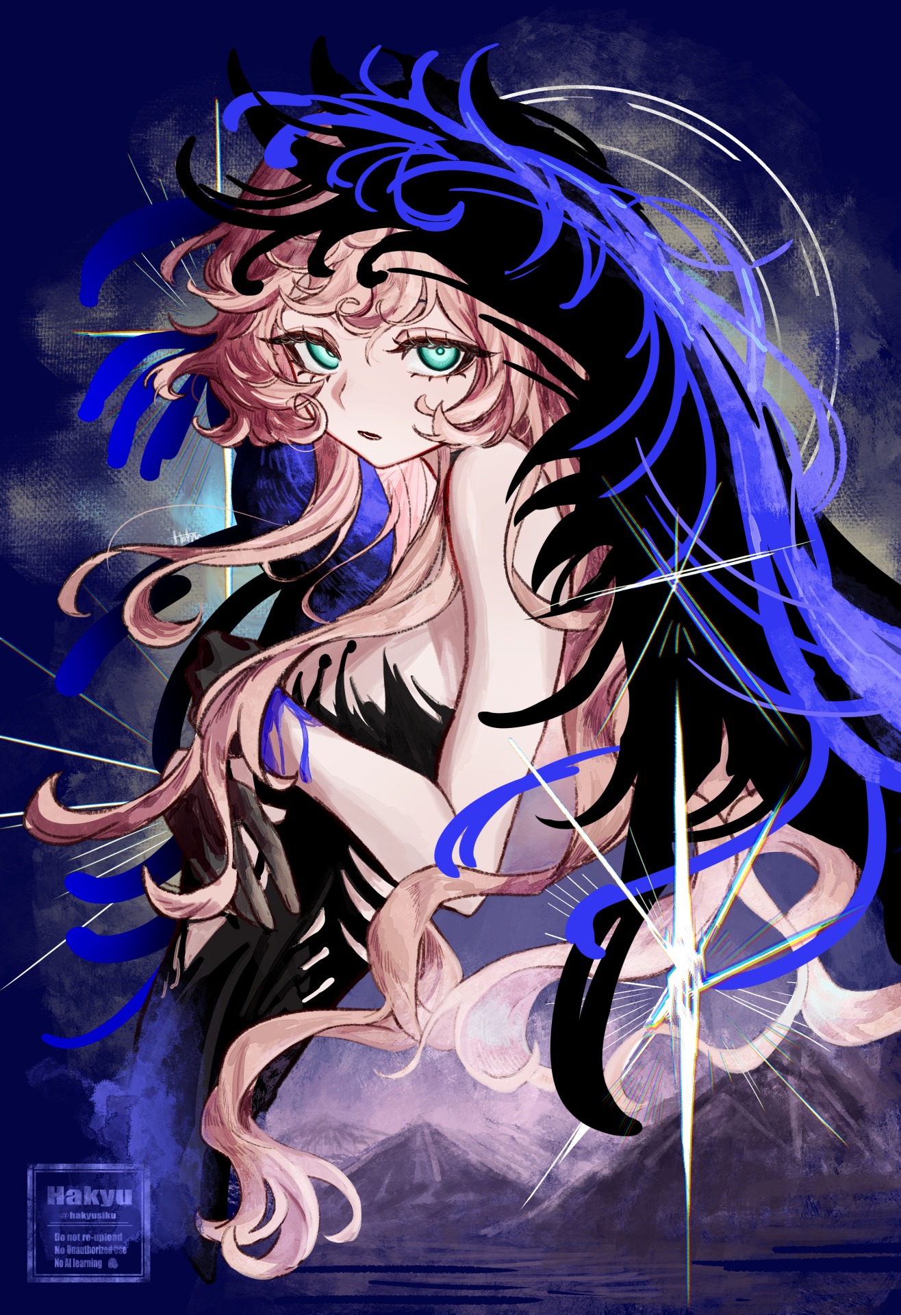 hakyusiku, nautika (reverse:1999), reverse:1999, highres, 1girl, bare arms, black dress, black hands, black veil, blue background, blue eyes, blue veil, colored extremities, dress, from side, long hair, parted lips, pink hair, solo, strapless, strapless dress, two-tone veil, upper body, veil, watermark