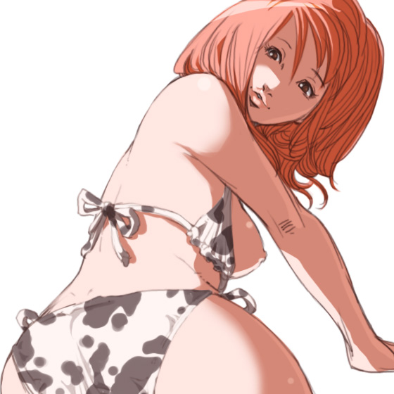 falcoon, bikini, breasts, brown eyes, large breasts, long hair, nipple slip, nipples, red hair, side-tie bikini bottom, sideboob, solo, string bikini, swimsuit