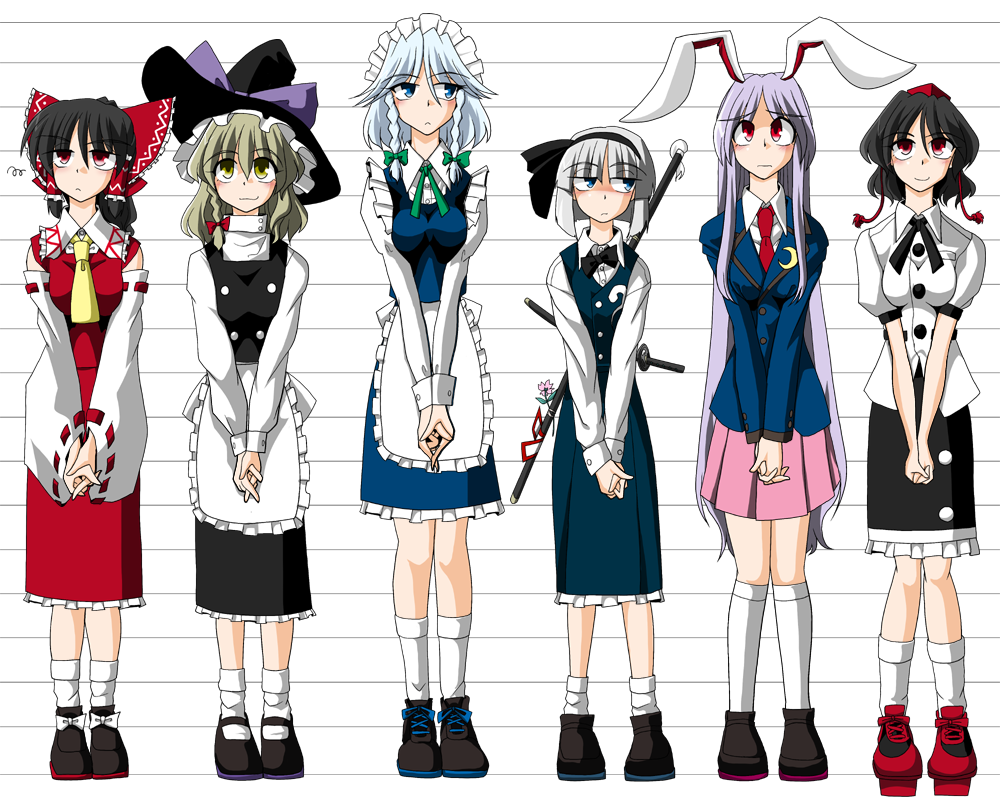 kieyza, kiezya, hakurei reimu, izayoi sakuya, kirisame marisa, konpaku youmu, reisen udongein inaba, shameimaru aya, touhou, silver hair, 6+girls, animal ears, apron, ascot, black dress, blonde hair, blouse, blue dress, bow, bowtie, collared shirt, dress, female focus, footwear bow, formal clothes, full body, geta, hair between eyes, hat, katana, kneehighs, lineup, long sleeves, looking at viewer, multiple girls, necktie, rabbit ears, red dress, red necktie, sheath, sheathed, shirt, socks, standing, suit, sword, tengu-geta, tokin hat, traditional bowtie, v arms, vest, waist apron, weapon, white shirt