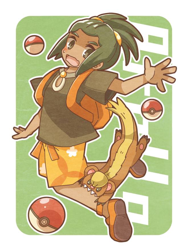 hau (pokemon), yungoos, nintendo, pokemon, pokemon sm, 1boy, biting another's leg, full body, gen 7 pokemon, green eyes, green hair, hinata haruhana, male focus, outline, poke ball, poke ball (basic), pokemon (creature), sharp teeth, shirt, teeth, wavy mouth, white outline, white shirt