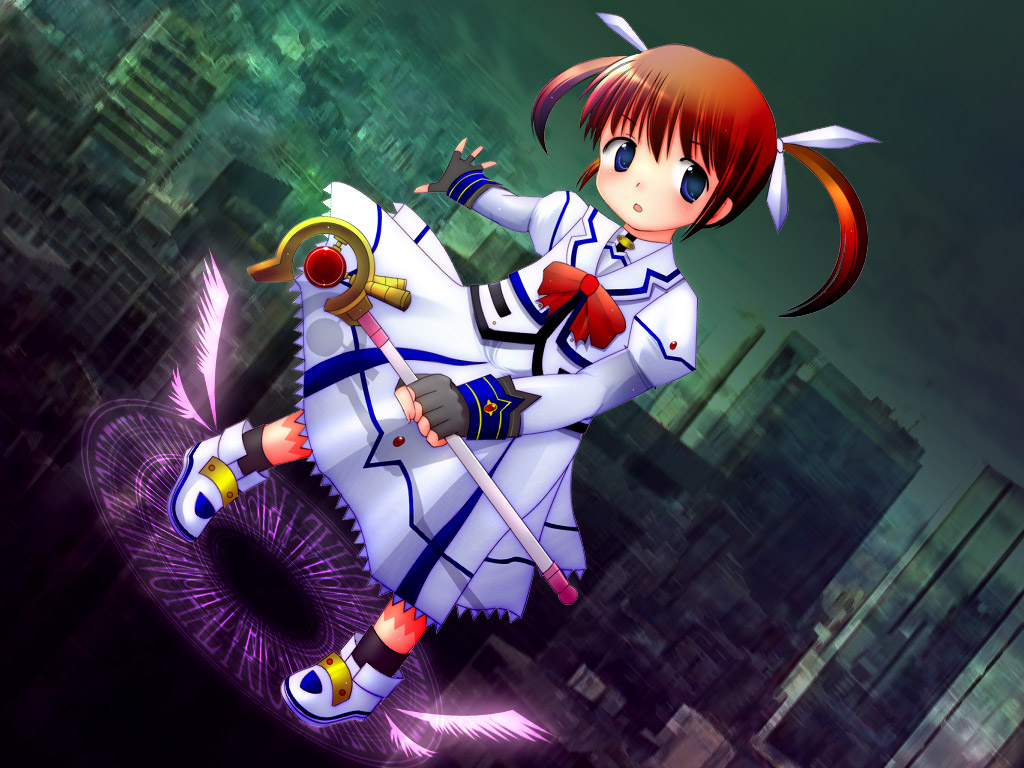 asano (milkcan), raising heart, raising heart (device mode), takamachi nanoha, takamachi nanoha (sacred mode), lyrical nanoha, mahou shoujo lyrical nanoha, baton, winged footwear, 00s, 1girl, blue eyes, bow, child, cityscape, female focus, fingerless gloves, flying, gloves, magic circle, magical girl, orange hair, purple eyes, red bow, red hair, shoes, skirt, socks, solo, staff, twintails, wand, wings